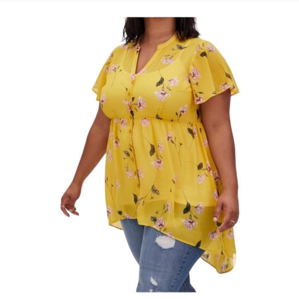 Torrid Lexie Babydoll Chiffon Tunic Hi Low Button Front yellow Size 1